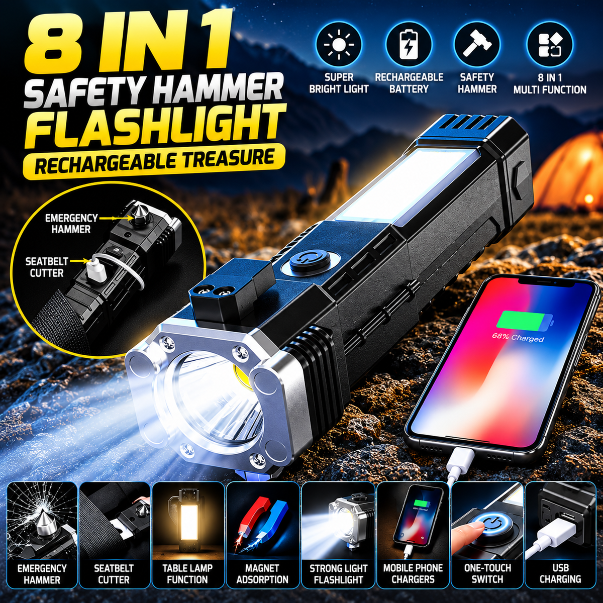 8 in 1 Portable Rechargeable Torch LED Flashlight