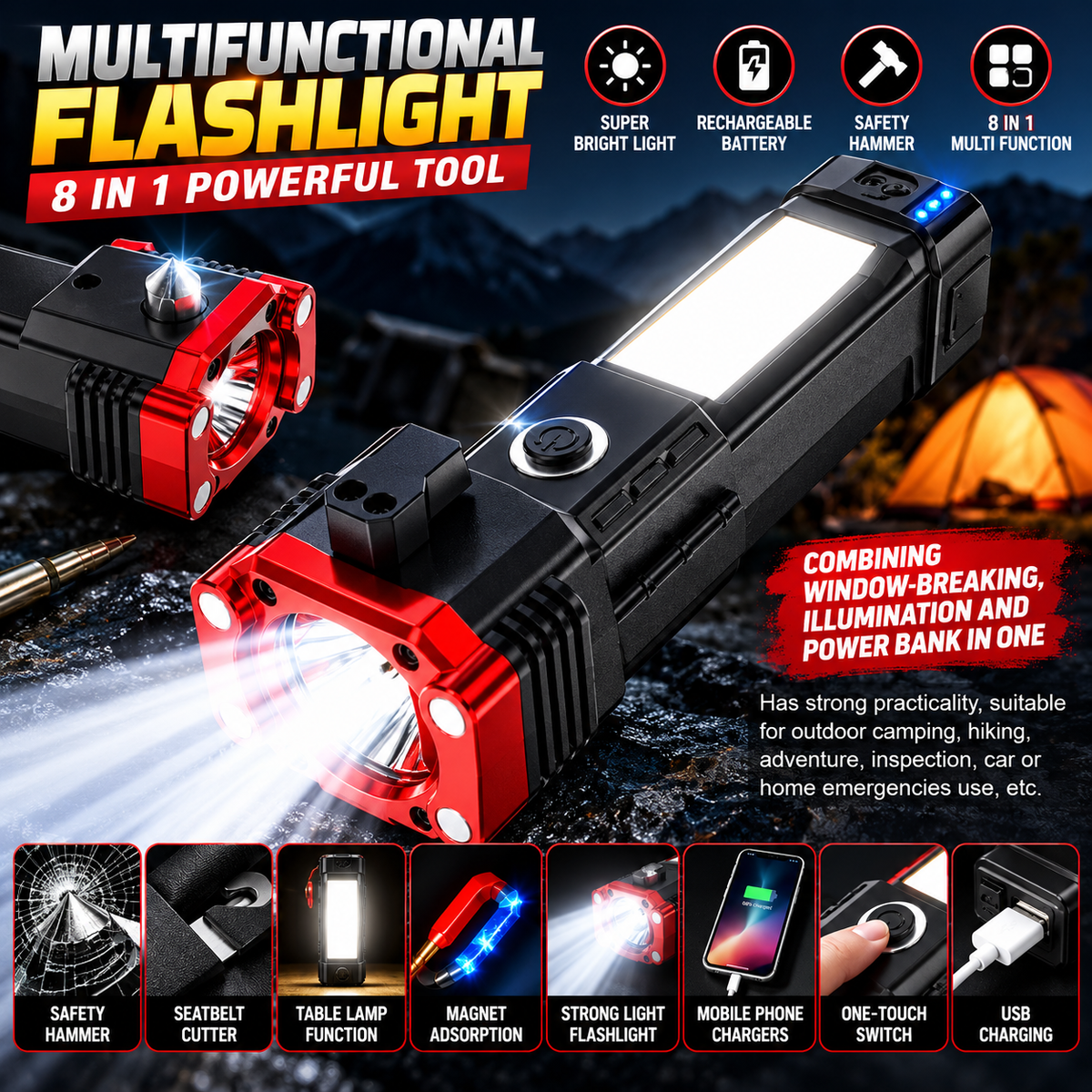 8 in 1 Portable Rechargeable Torch LED Flashlight